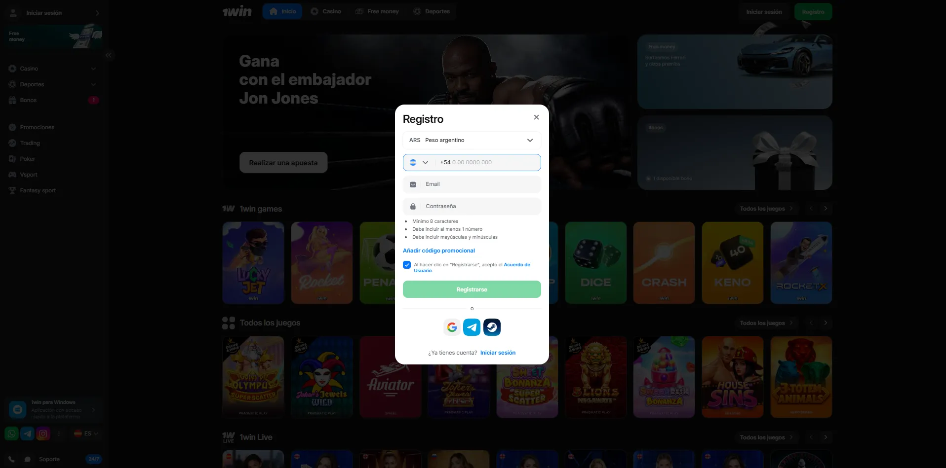Creación de una cuenta nueva en la app 1Win