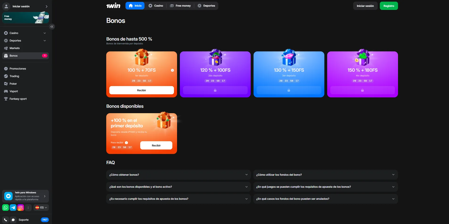 Bonificaciones exclusivas en la app 1Win